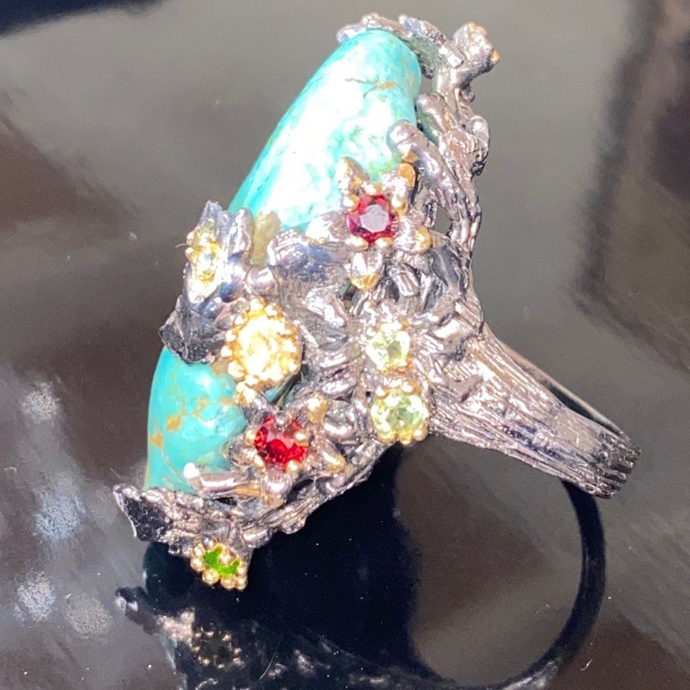 Gorgeous Genuine Turquoise Ring with Gemstones - Picture 4 of 17